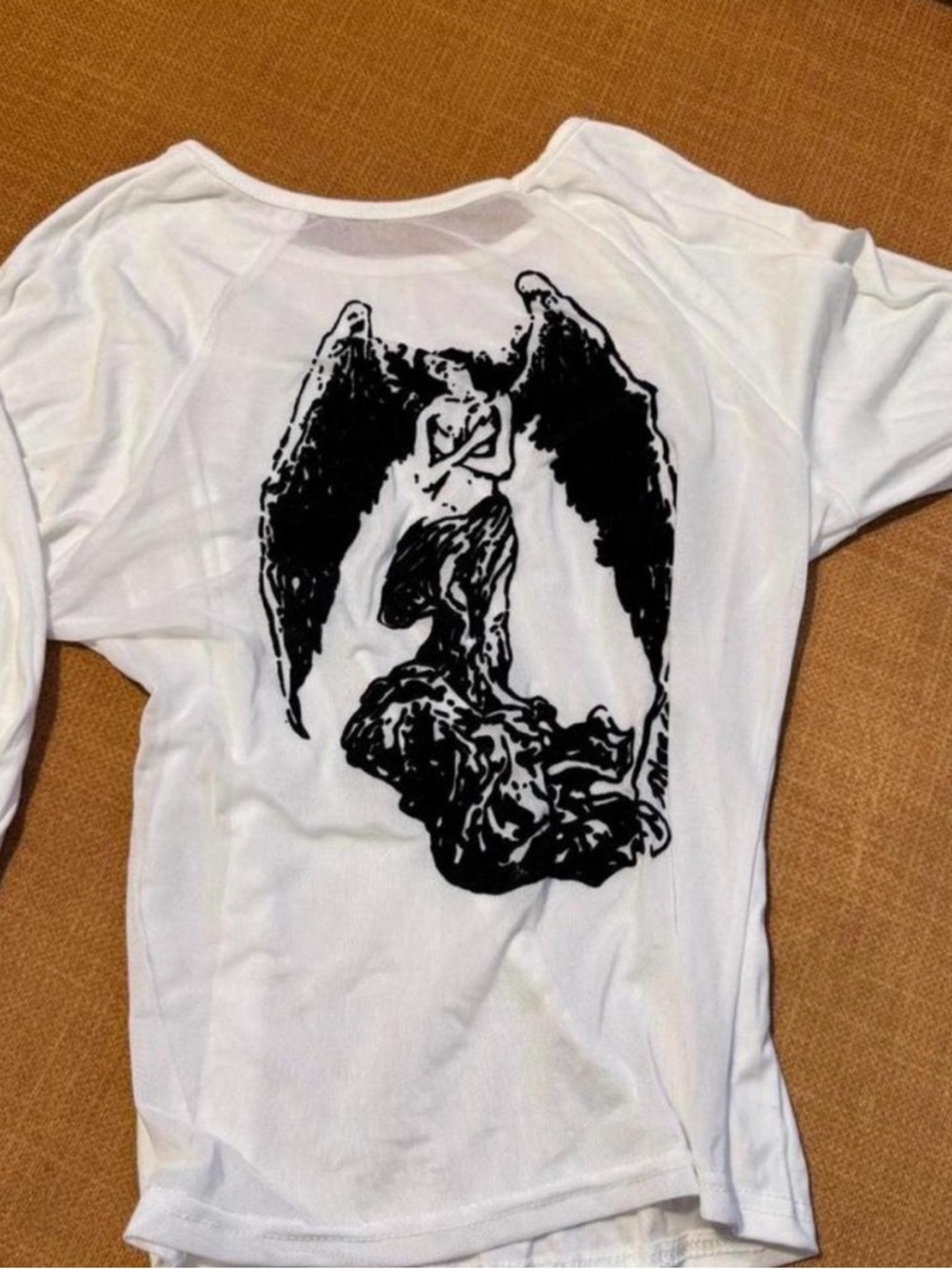 White Long Sleeve Top with Black Angel Graphic